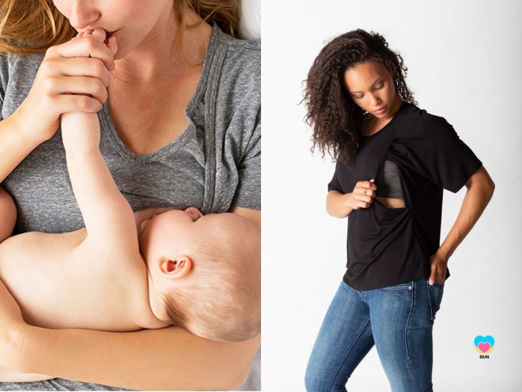 mom breastfeeds baby in BUN maternity nursing apparel shirt