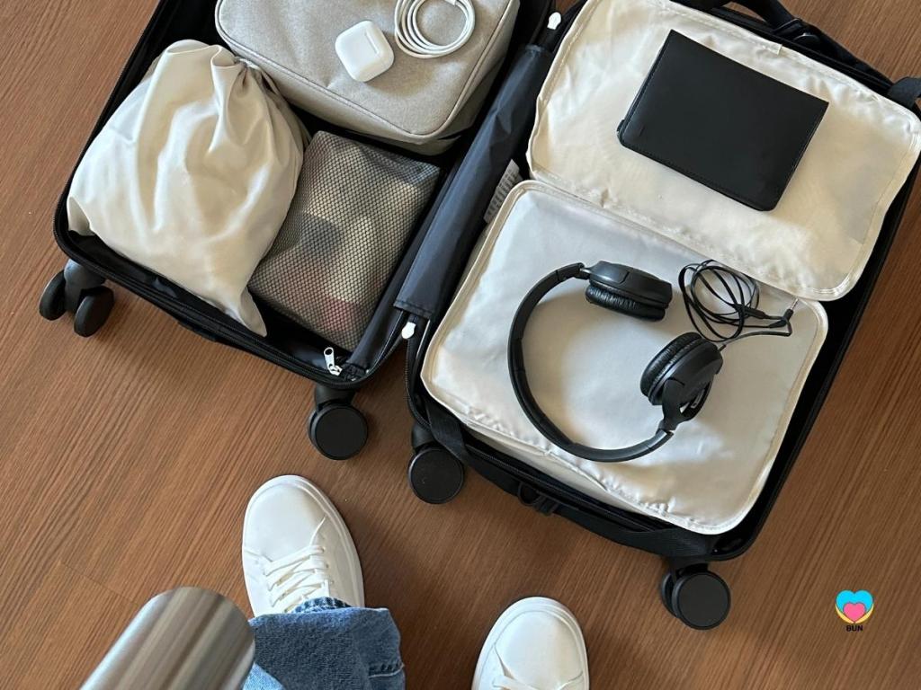 packing bag with electronics and phone charger